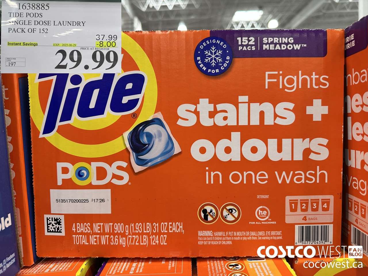 1638885 TIDE PODS SINGLE DOSE LAUNDRY 152 PACS ($8.00 INSTANT SAVINGS EXPIRES ON 2025-06-29) $29.99