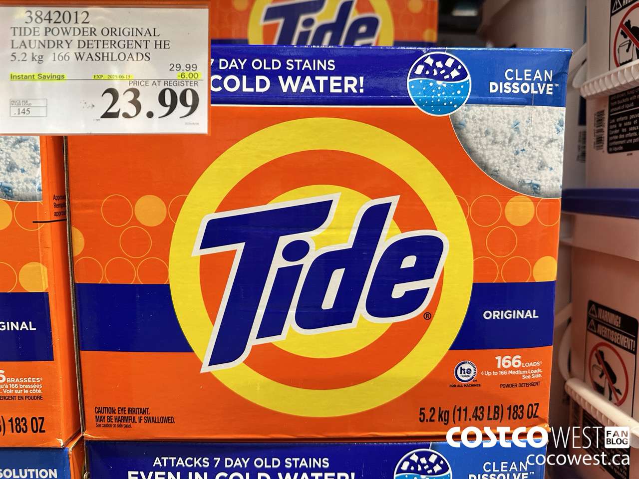 3842012 TIDE POWDER ORIGINAL LAUNDRY DETERGENT HE 5.2KG 166 WASHLOADS ($6.00 INSTANT SAVINGS EXPIRES ON 2025-06-15) $23.99