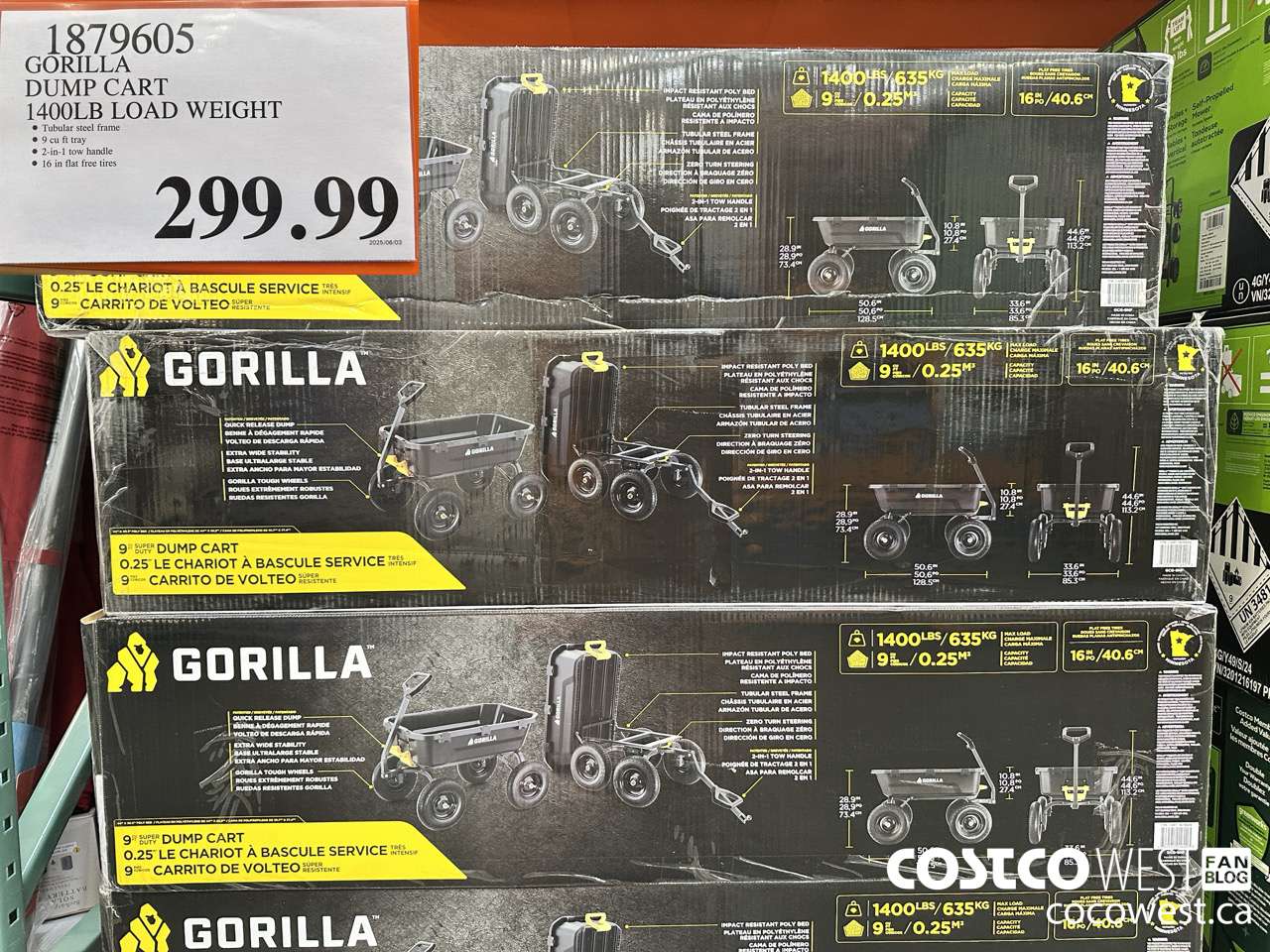 1879605 TRICAM INDUSTRIES GORILLA CART 1400LB LOAD WEIGHT $299.99