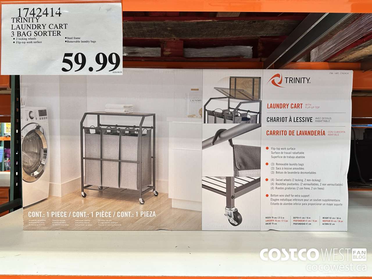 1742414 TRINITY LAUNDRY CART 3 BAG SORTER $59.99