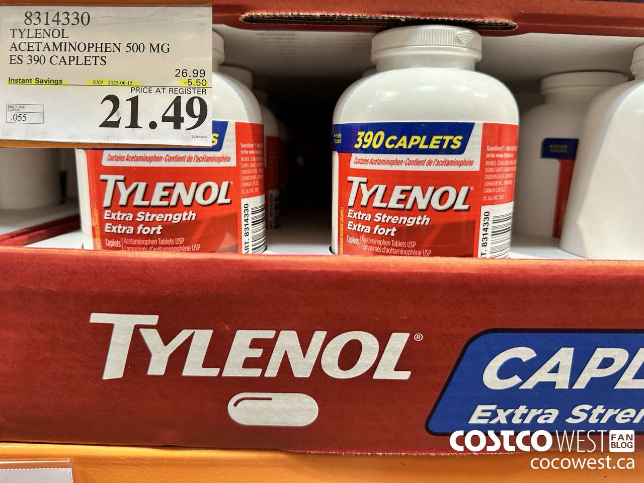 8314330 TYLENOL ACETAMINOPHEN 500MG ES 390 CAPLETS ($5.50 INSTANT SAVINGS EXPIRES ON 2025-06-15) $21.49