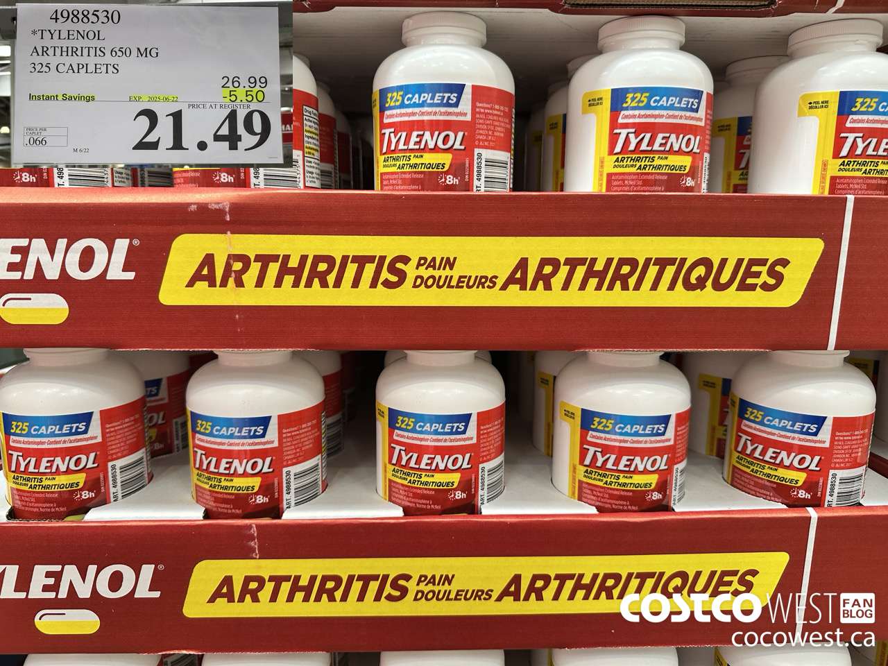 4988530 TYLENOL ARTHRITIS 650MG 325 CAPLETS ($5.50 INSTANT SAVINGS EXPIRES ON 2025-06-22) $21.49