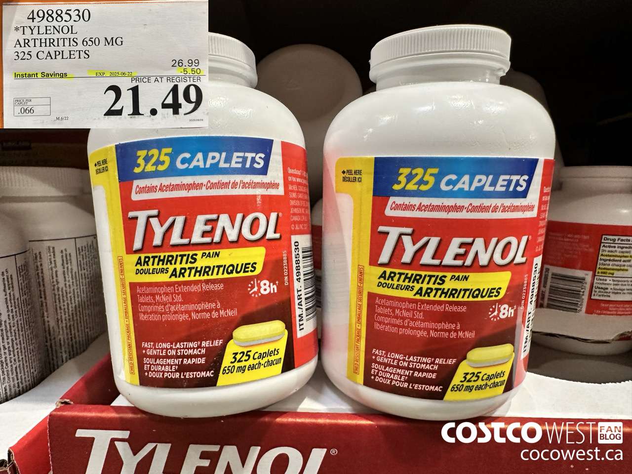 4988530 TYLENOL ARTHRITIS 650MG 325 CAPLETS ($5.50 INSTANT SAVINGS EXPIRES ON 2025-06-22) $21.49