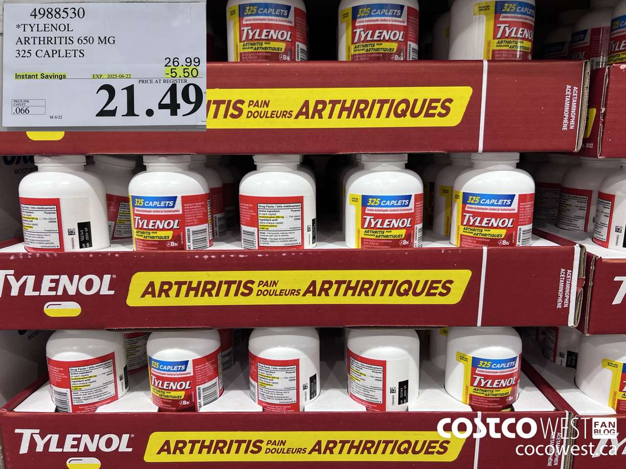 4988530 TYLENOL ARTHRITIS 650MG 325 CAPLETS ($5.50 INSTANT SAVINGS EXPIRES ON 2025-06-22) $21.49
