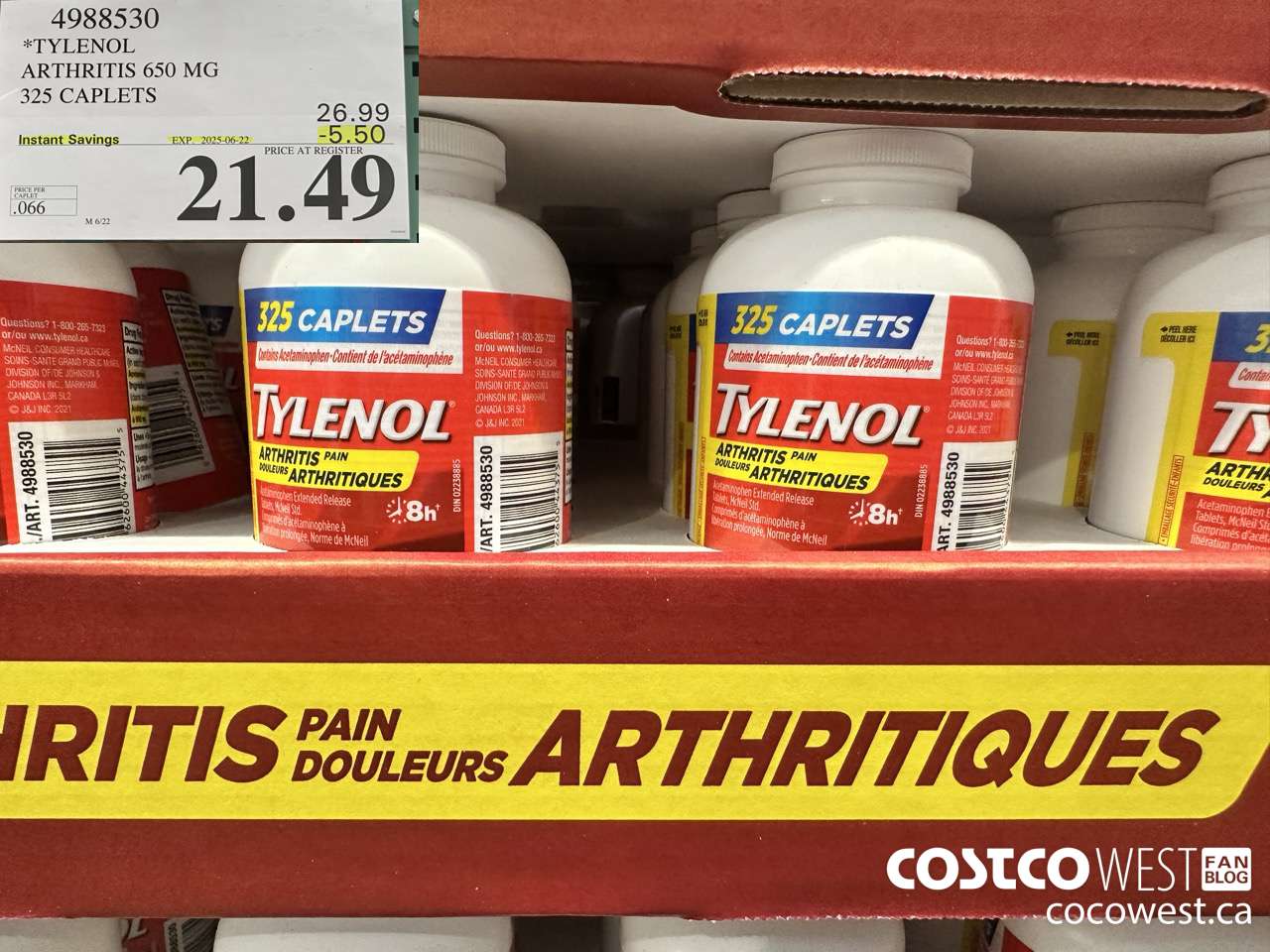 4988530 TYLENOL ARTHRITIS 650MG 325 CAPLETS ($5.50 INSTANT SAVINGS EXPIRES ON 2025-06-22) $21.49