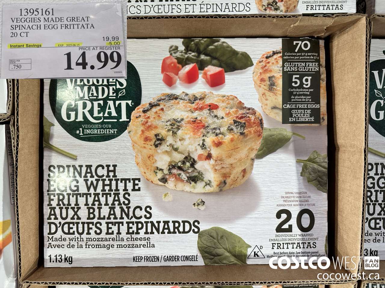 1395161 VEGGIES MADE GREAT SPINACH EGG FRITTATA 20 PK ($5.00 INSTANT SAVINGS EXPIRES ON 2025-06-15) $14.99