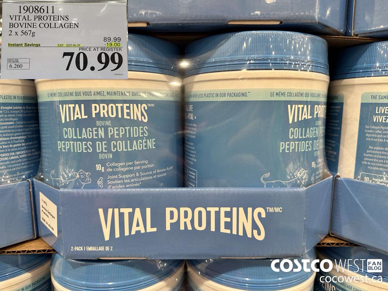 1908611 VITAL PROTEINS BOVINE COLLAGEN 2 X 567G ($19.00 INSTANT SAVINGS EXPIRES ON 2025-06-29) $70.99