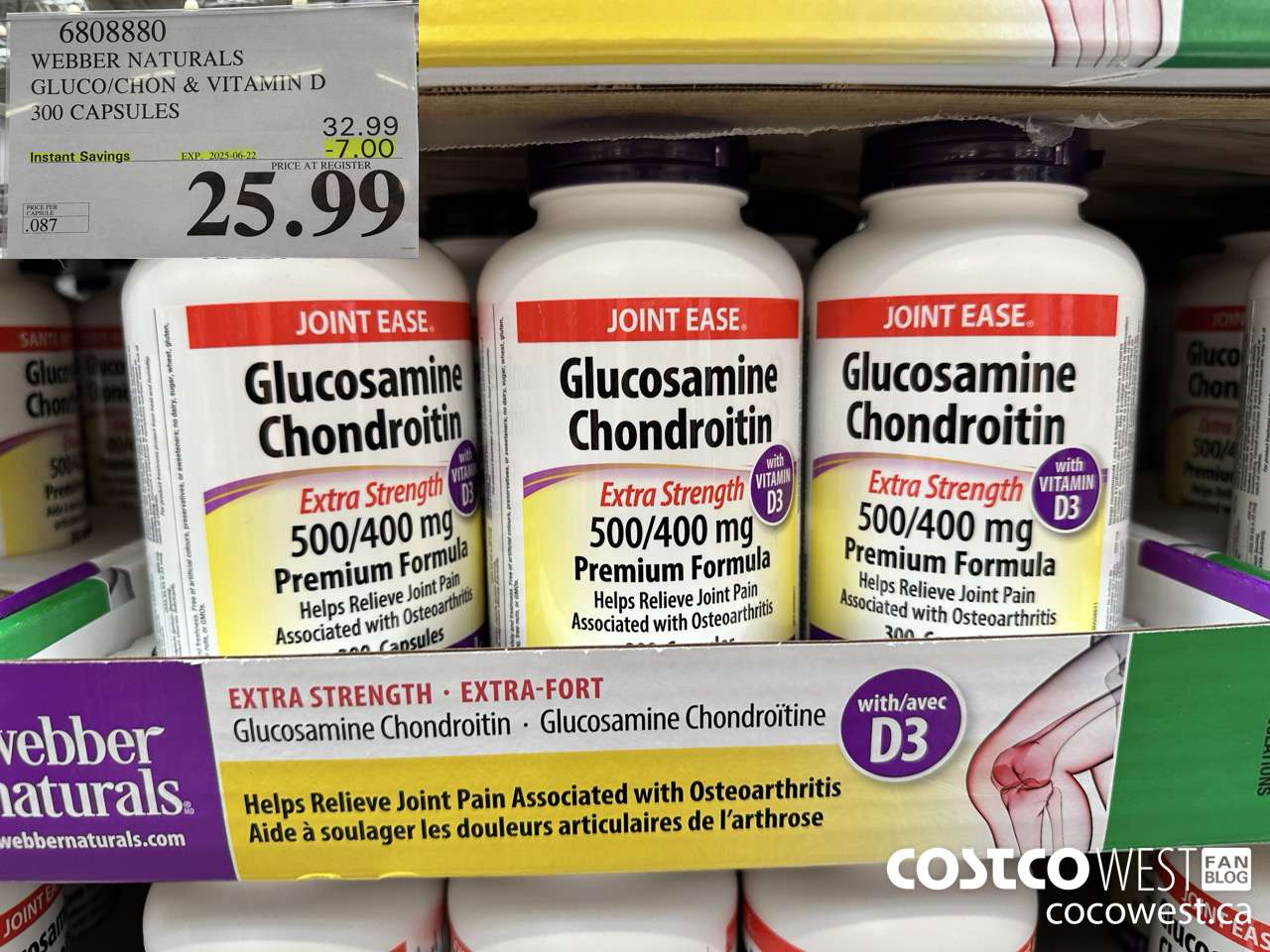 6808880 WEBBER NATURALS GLUCO/CHON 500/400 MG W/VIT D 300 CAPSULES ($7.00 INSTANT SAVINGS EXPIRES ON 2025-06-22) $25.99
