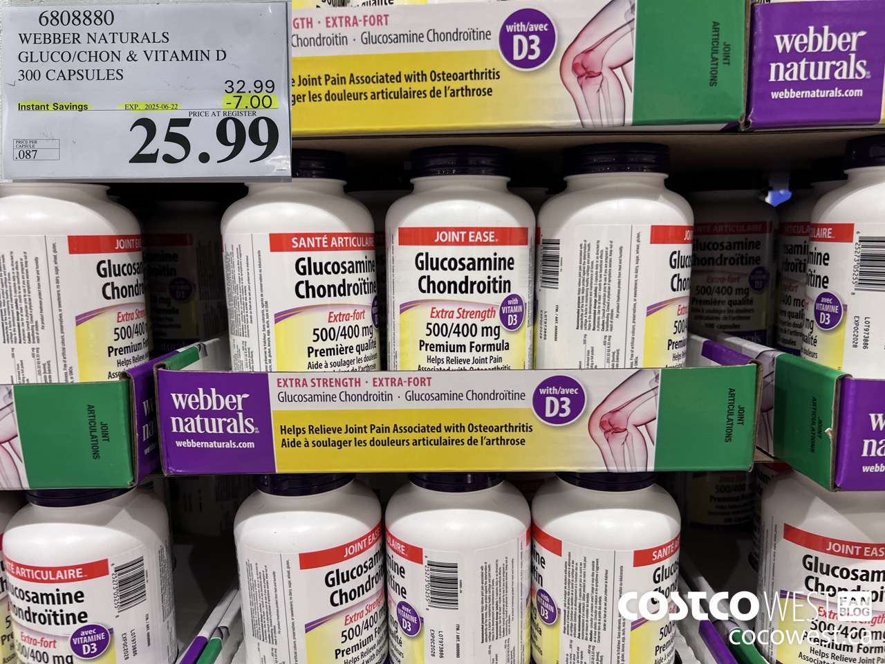6808880 WEBBER NATURALS GLUCO/CHON 500/400 MG W/VIT D 300 CAPSULES ($7.00 INSTANT SAVINGS EXPIRES ON 2025-06-22) $25.99