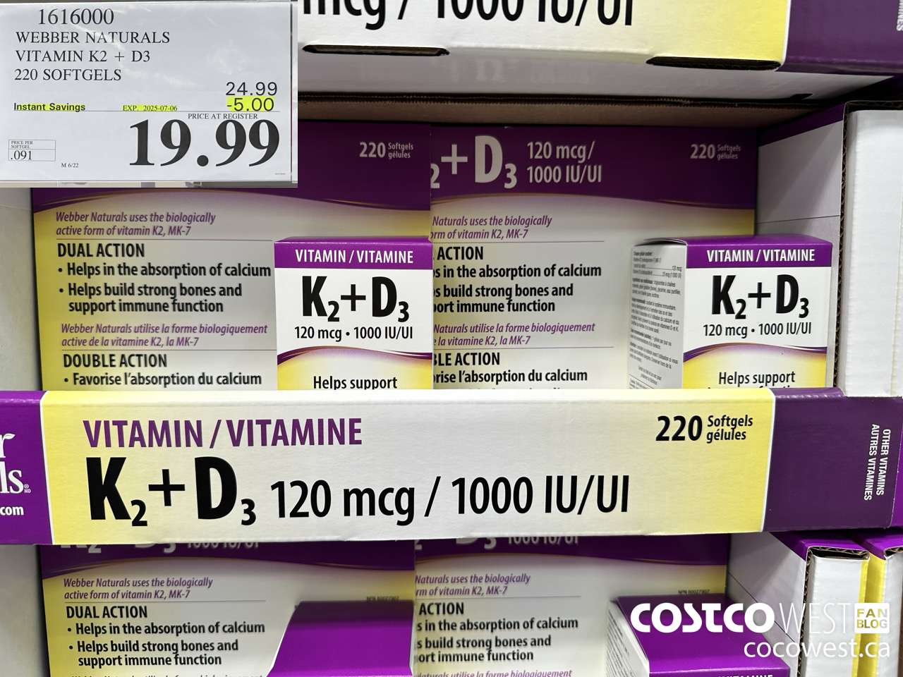 1616000 WEBBER NATURALS VITAMIN K2+D3 220 SOFTGELS ($5.00 INSTANT SAVINGS EXPIRES ON 2025-07-06) $19.99