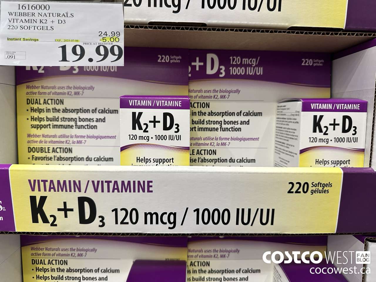 1616000 WEBBER NATURALS VITAMIN K2+D3 220 SOFTGELS ($5.00 INSTANT SAVINGS EXPIRES ON 2025-07-06) $19.99
