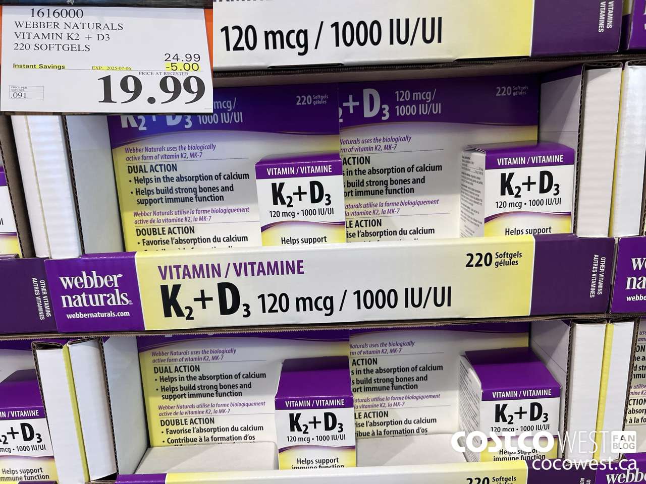 1616000 WEBBER NATURALS VITAMIN K2+D3 220 SOFTGELS ($5.00 INSTANT SAVINGS EXPIRES ON 2025-07-06) $19.99