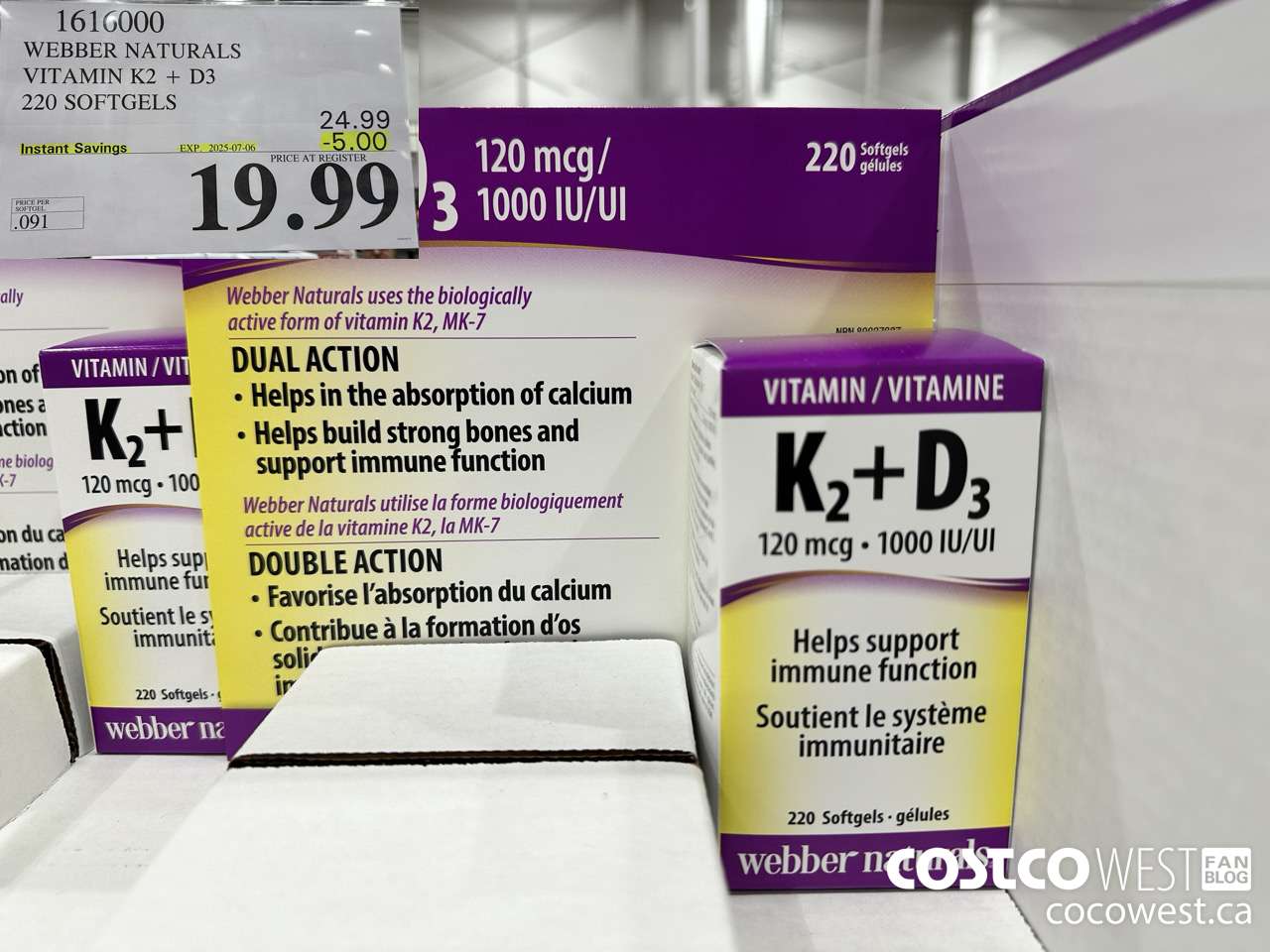 1616000 WEBBER NATURALS VITAMIN K2+D3 220 SOFTGELS ($5.00 INSTANT SAVINGS EXPIRES ON 2025-07-06) $19.99