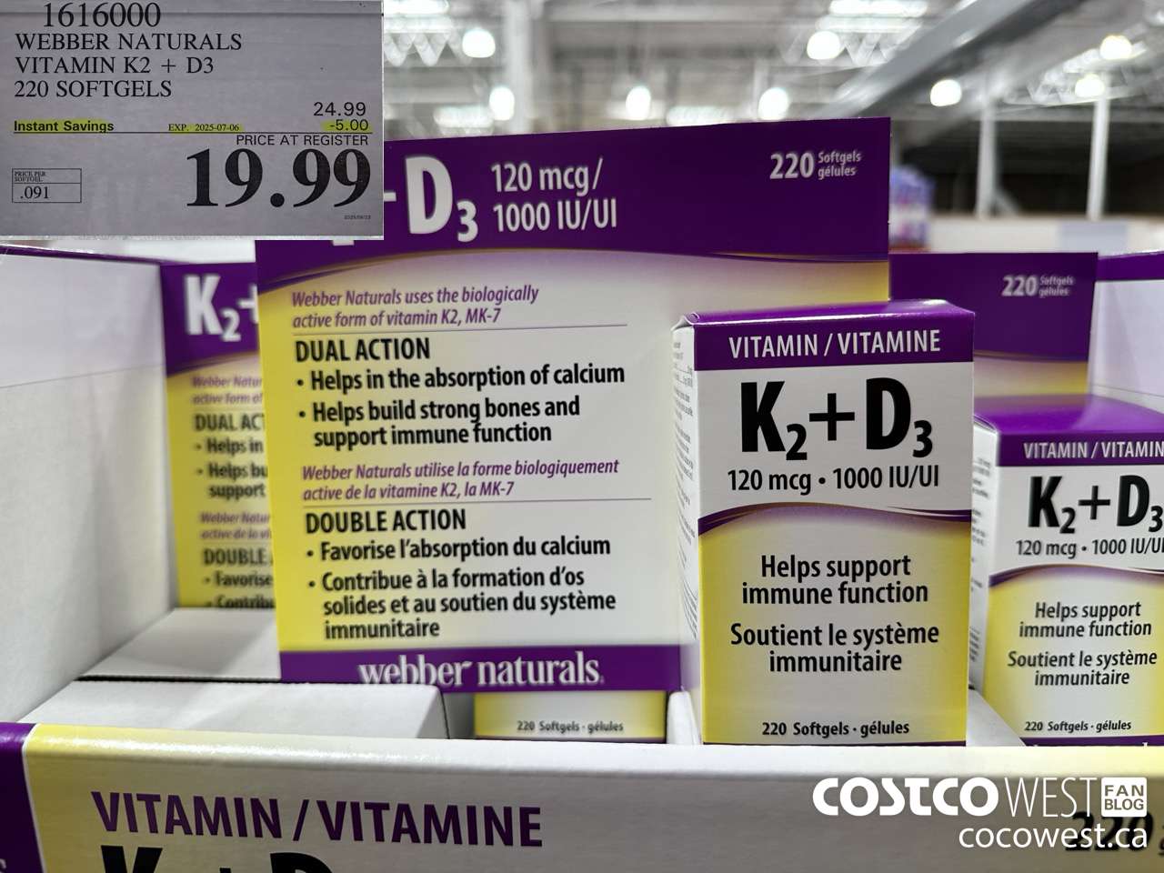 1616000 WEBBER NATURALS VITAMIN K2+D3 220 SOFTGELS ($5.00 INSTANT SAVINGS EXPIRES ON 2025-07-06) $19.99