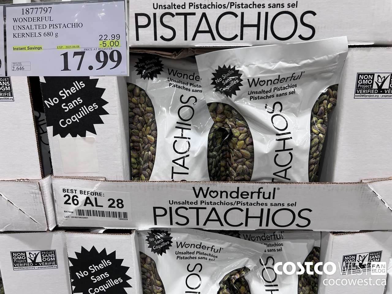 1877797 WONDERFUL UNSALTED PISTACHIO KERNELS 680G ($5.00 INSTANT SAVINGS EXPIRES ON 2025-06-08) $17.99