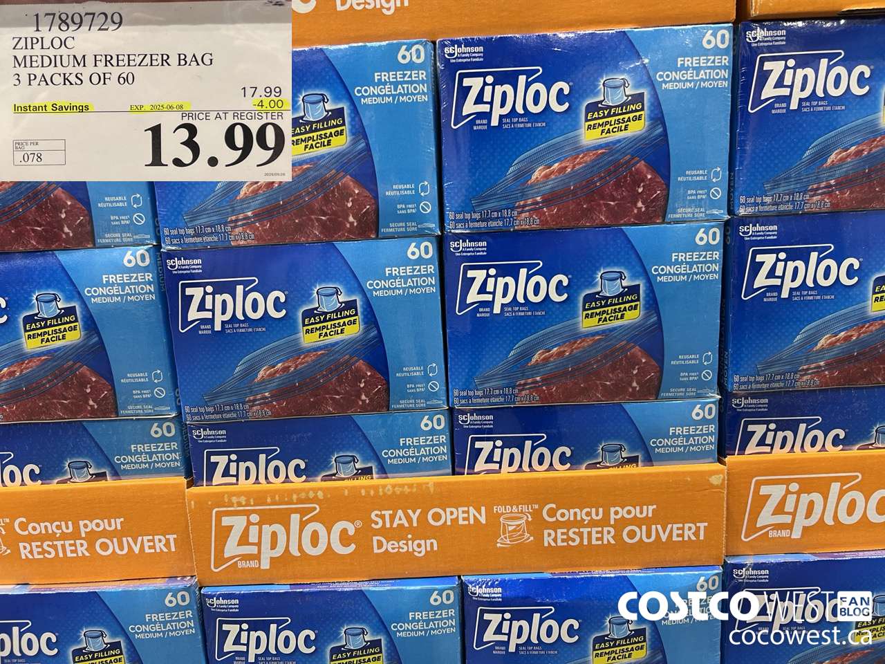 1789729 ZIPLOC MEDIUM FREEZER BAG 3 x 60 ($4.00 INSTANT SAVINGS EXPIRES ON 2025-06-08) $13.99