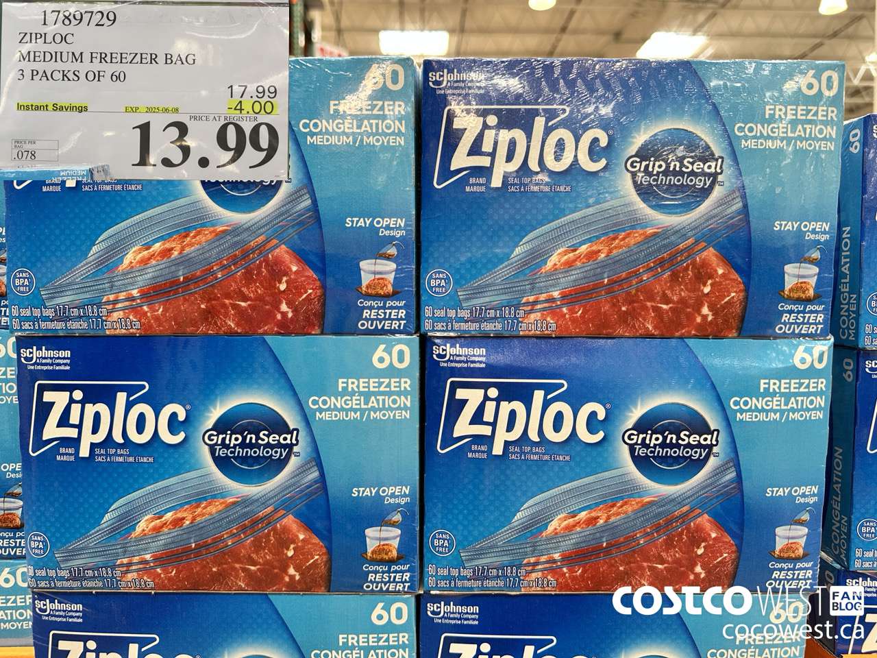 1789729 ZIPLOC MEDIUM FREEZER BAG 3 x 60 ($4.00 INSTANT SAVINGS EXPIRES ON 2025-06-08) $13.99