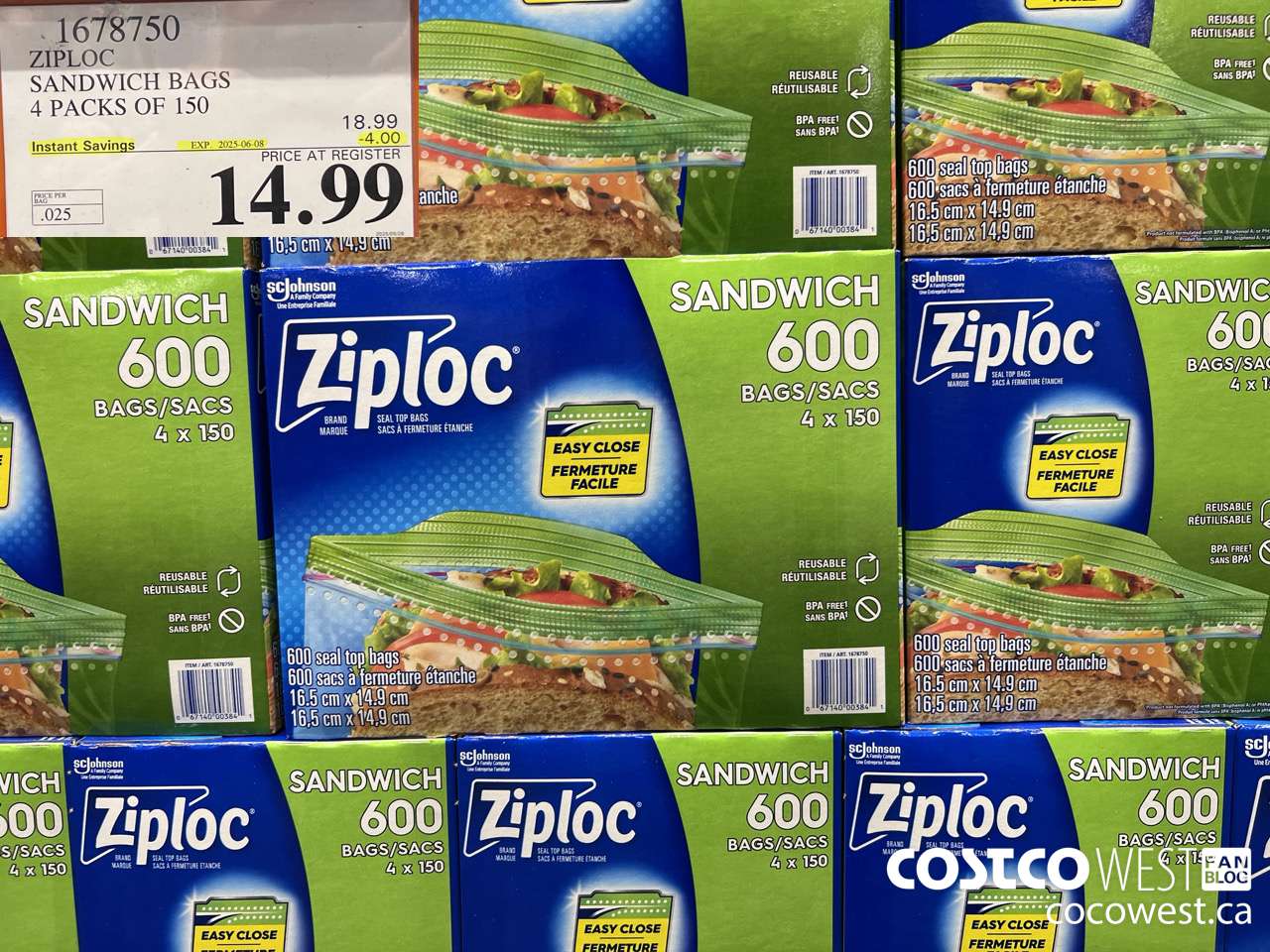 1678750 ZIPLOC SANDWICH BAGS 4 X 150 ($4.00 INSTANT SAVINGS EXPIRES ON 2025-06-08) $14.99
