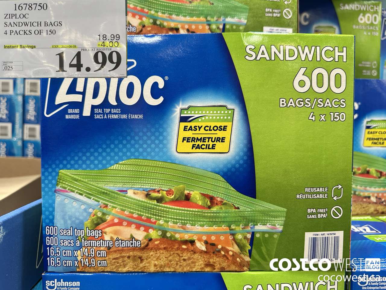 1678750 ZIPLOC SANDWICH BAGS 4 X 150 ($4.00 INSTANT SAVINGS EXPIRES ON 2025-06-08) $14.99