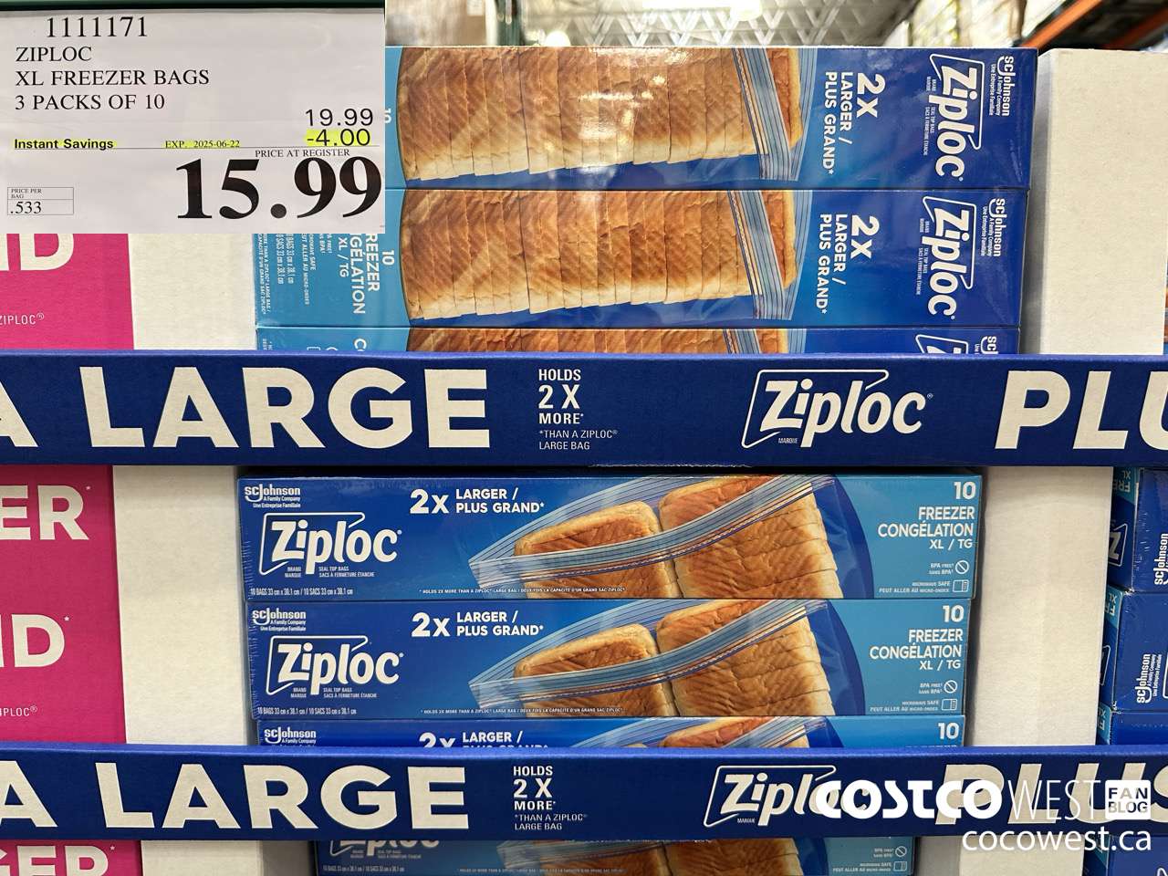 1111171 ZIPLOC XL FREEZER BAGS 3 PACKS OF 10 ($4.00 INSTANT SAVINGS EXPIRES ON 2025-06-22) $15.99