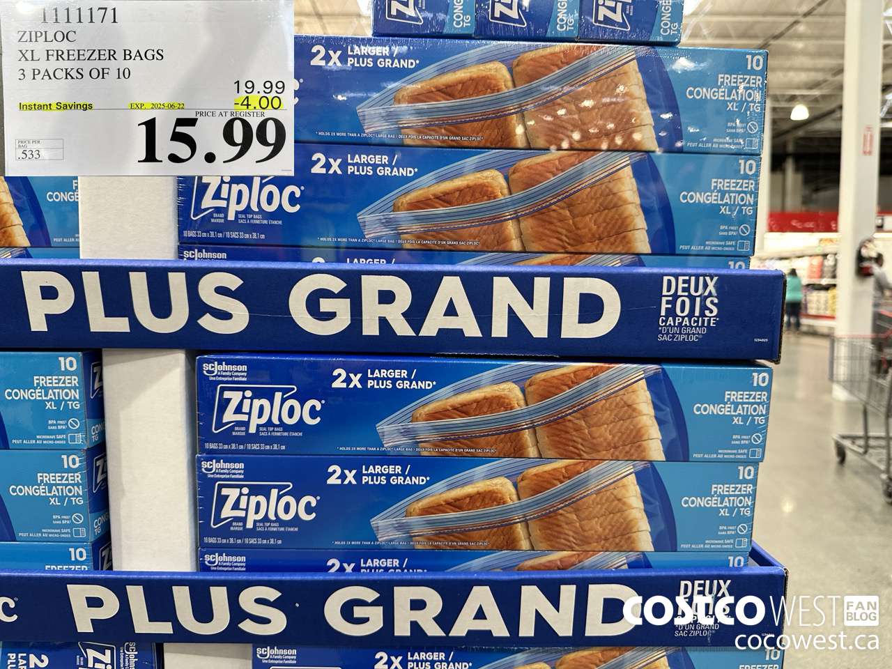 1111171 ZIPLOC XL FREEZER BAGS 3 PACKS OF 10 ($4.00 INSTANT SAVINGS EXPIRES ON 2025-06-22) $15.99