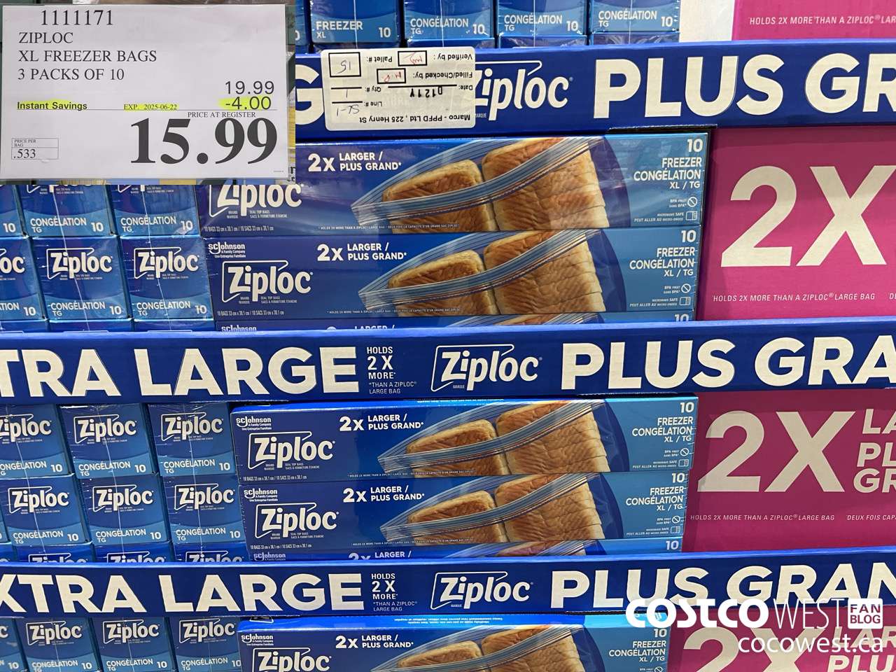 1111171 ZIPLOC XL FREEZER BAGS 3 PACKS OF 10 ($4.00 INSTANT SAVINGS EXPIRES ON 2025-06-22) $15.99