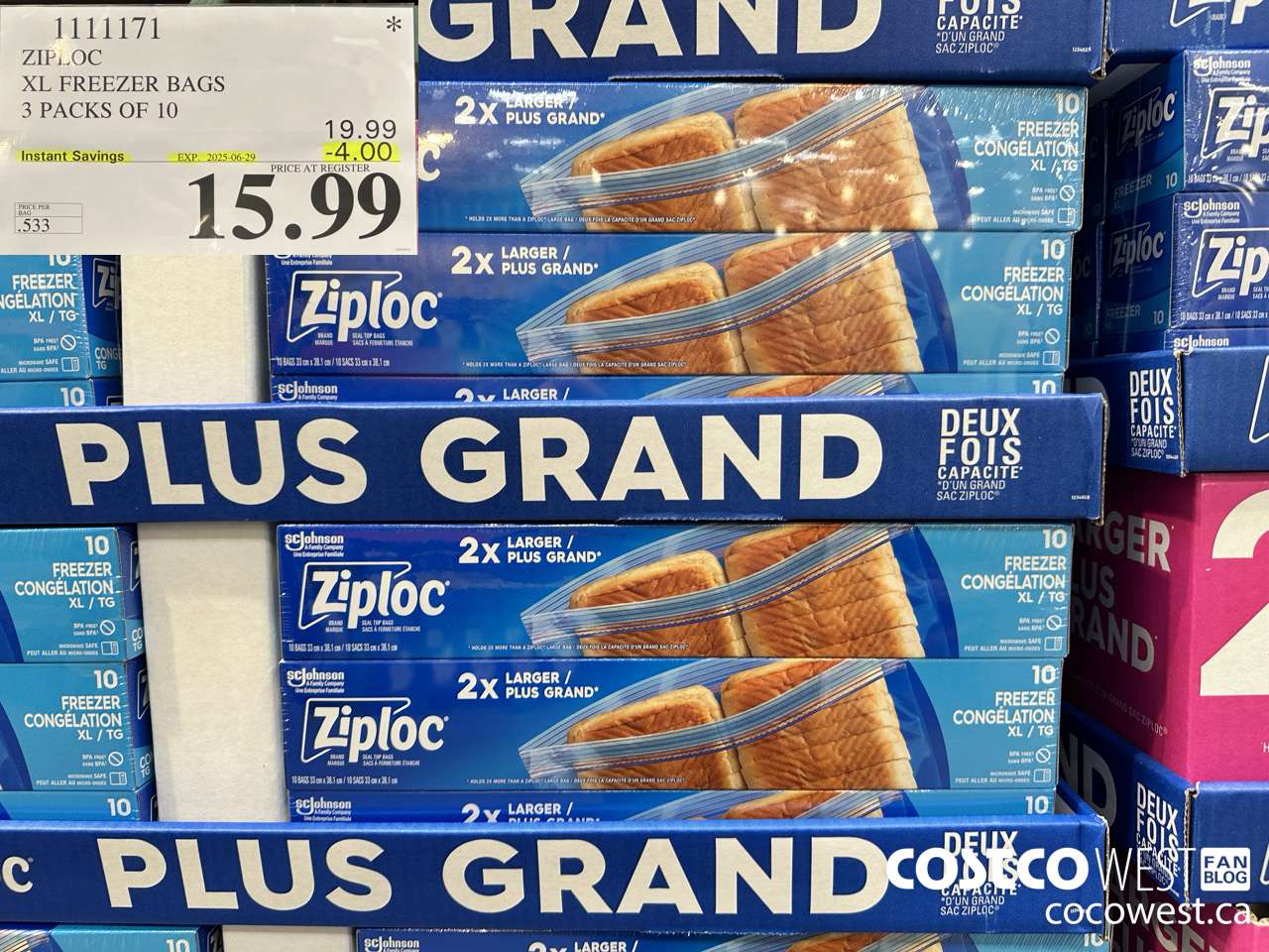 1111171 ZIPLOC XL FREEZER BAGS 3 PACKS OF 10 ($4.00 INSTANT SAVINGS EXPIRES ON 2025-06-29) $15.99