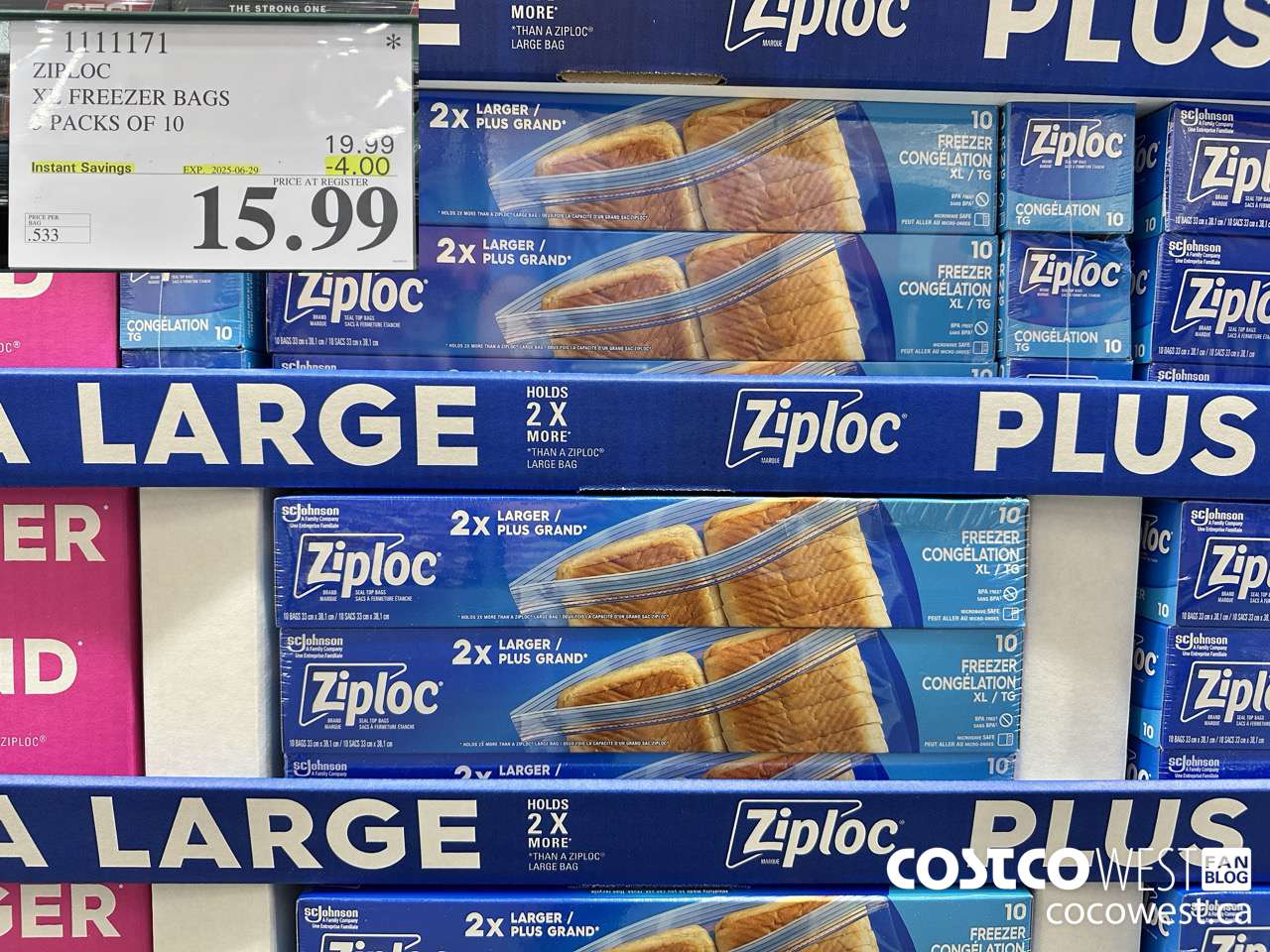 1111171 ZIPLOC XL FREEZER BAGS 3 PACKS OF 10 ($4.00 INSTANT SAVINGS EXPIRES ON 2025-06-29) $15.99