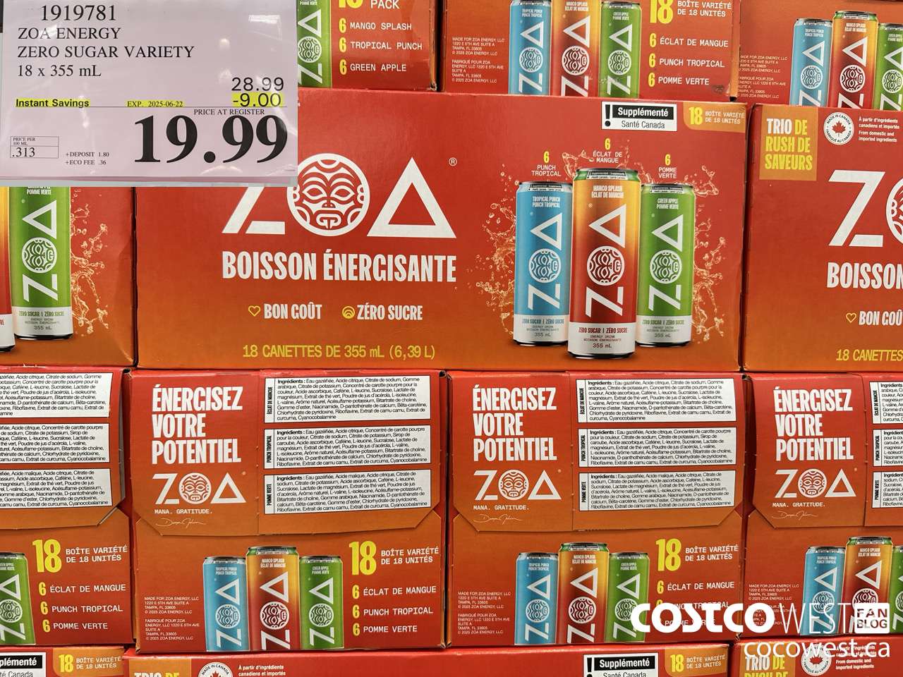 1919781 ZOA ENERGY ZERO SUGAR VARIETY 1 X 355ML ($9.00 INSTANT SAVINGS EXPIRES ON 2025-06-22) $19.99