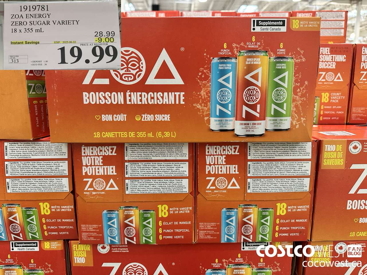 1919781 ZOA ENERGY ZERO SUGAR VARIETY 1 X 355ML ($9.00 INSTANT SAVINGS EXPIRES ON 2025-06-22) $19.99