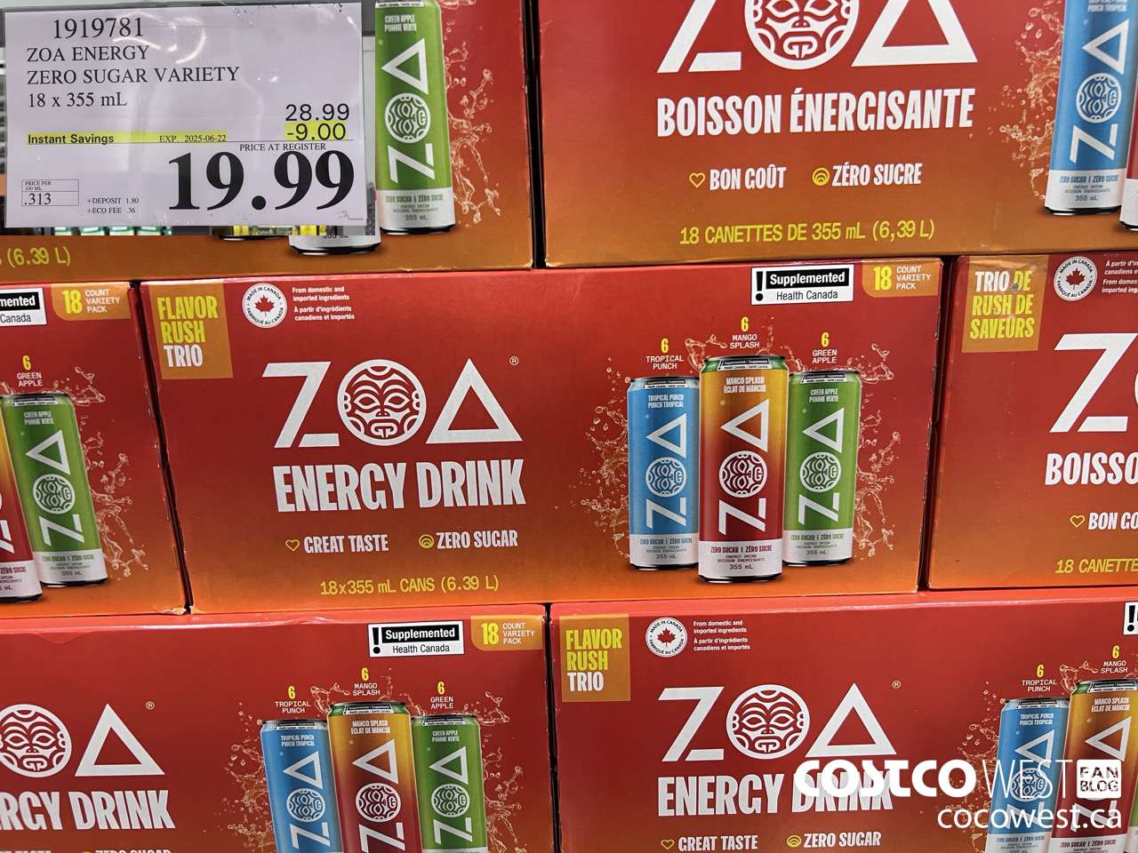 1919781 ZOA ENERGY ZERO SUGAR VARIETY 1 X 355ML ($9.00 INSTANT SAVINGS EXPIRES ON 2025-06-22) $19.99