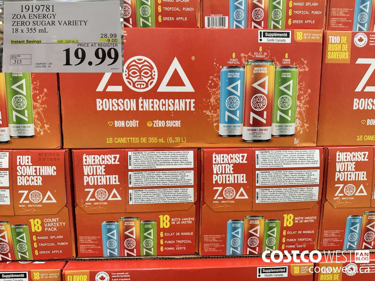 1919781 ZOA ENERGY ZERO SUGAR VARIETY 1 X 355ML ($9.00 INSTANT SAVINGS EXPIRES ON 2025-06-22) $19.99