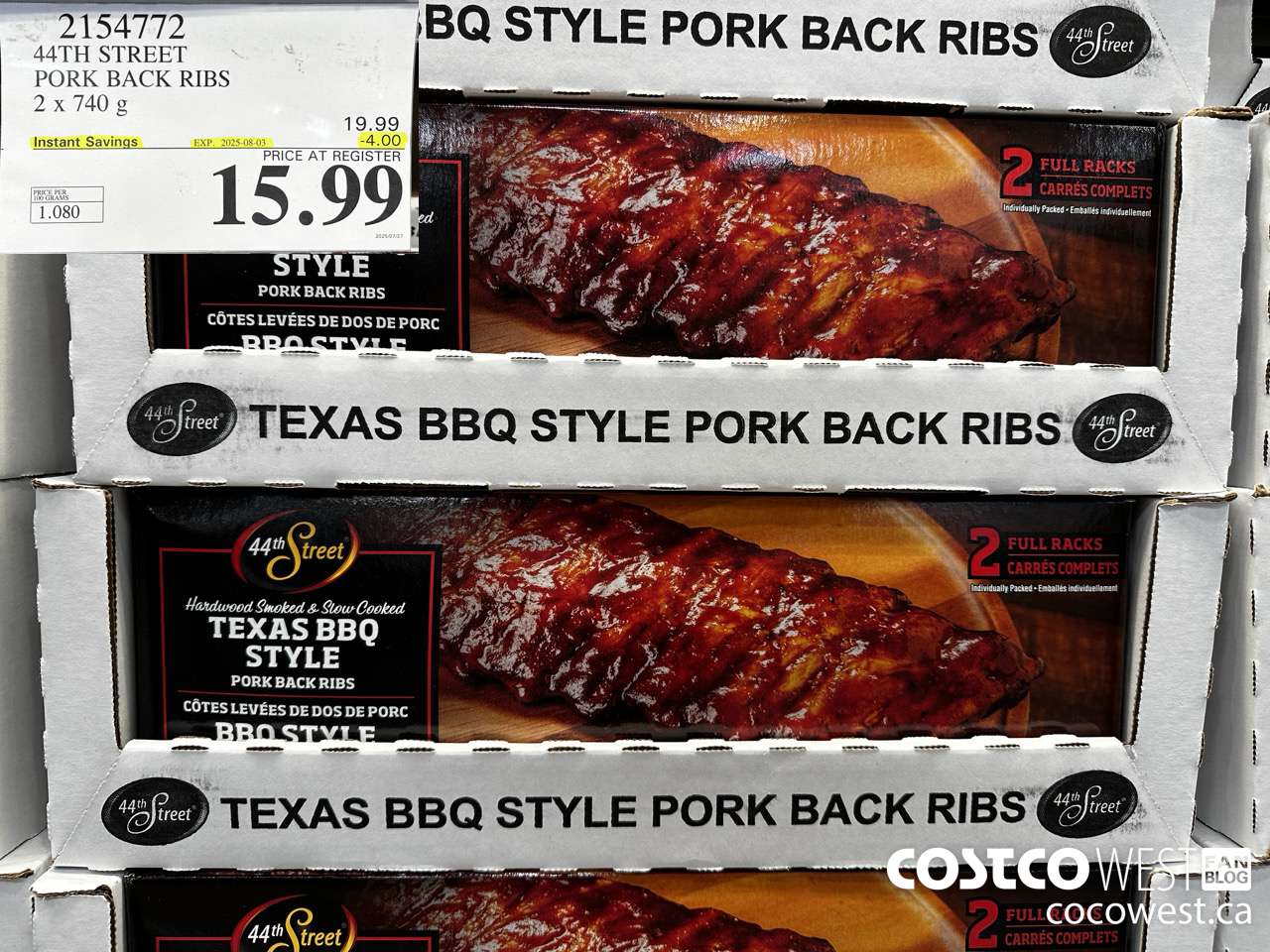 2154772 44TH STREET PORK BACK RIBS 2 X 740 G ($4.00 INSTANT SAVINGS EXPIRES ON 2025-08-03) $15.99