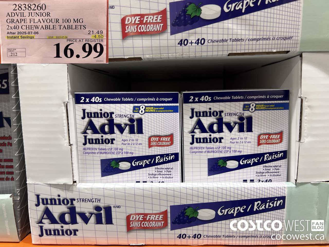 2838260 ADVIL CHEWABLE TABLET GRAPE FLAVOUR 100 MG 2 X 40'S CHEWABLE TABS ($4.50 INSTANT SAVINGS EXPIRES ON 2025-07-06) $16.99