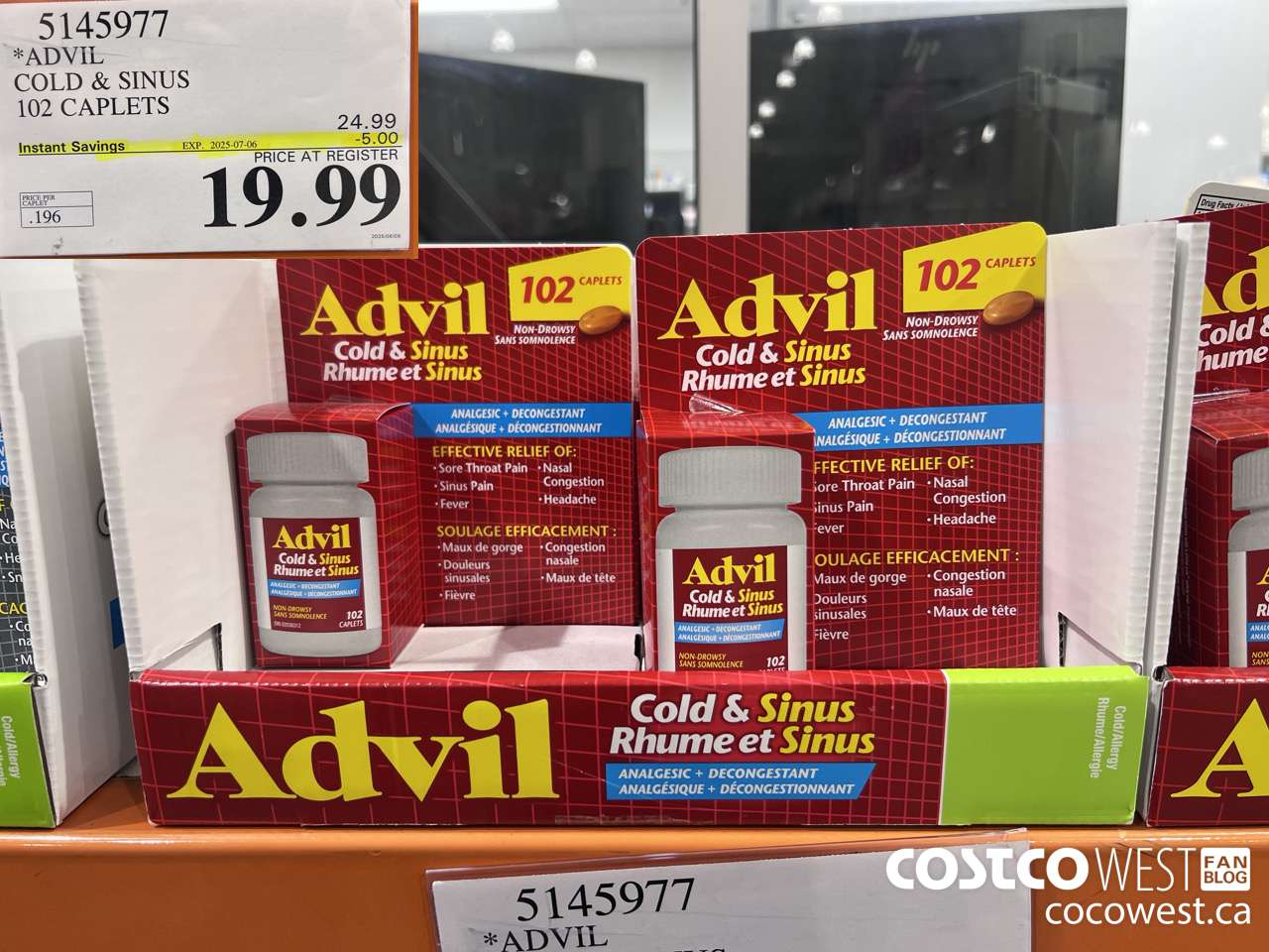 5145977 ADVIL COLD & SINUS 102 CAPLETS ($5.00 INSTANT SAVINGS EXPIRES ON 2025-07-06) $19.99