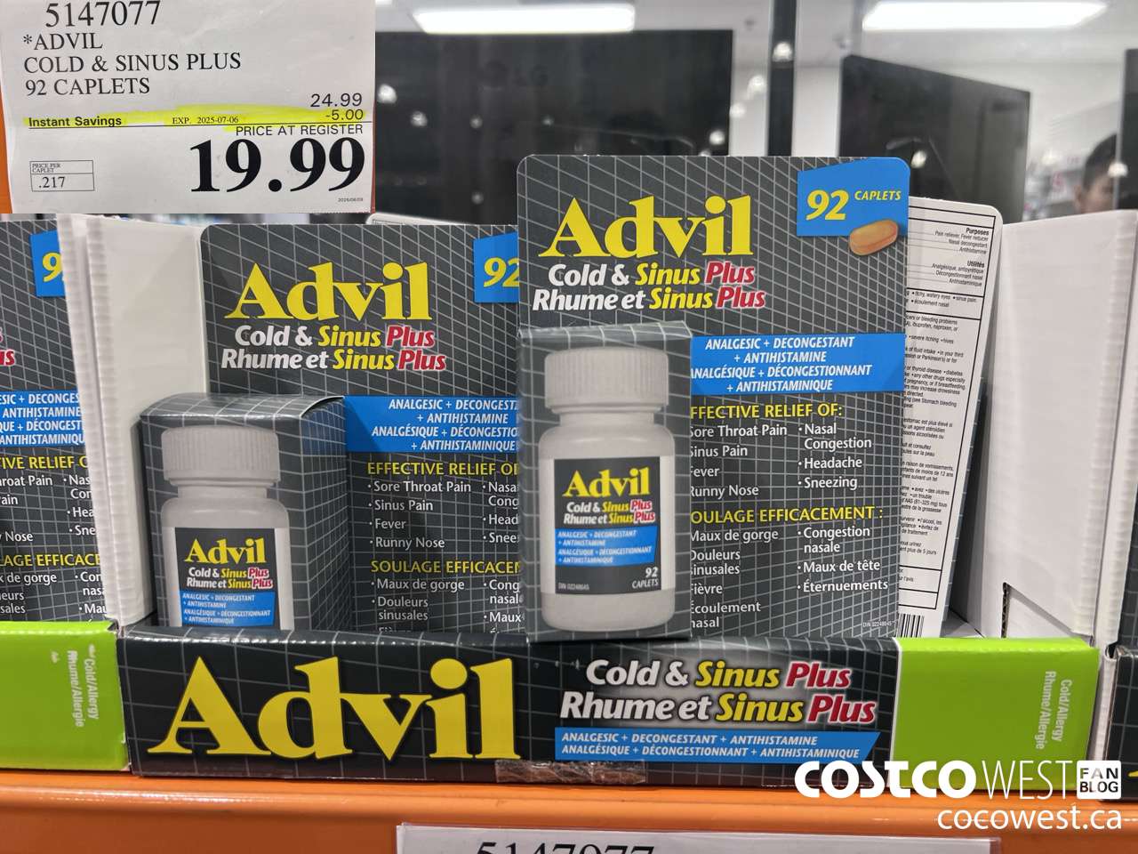 5147077 ADVIL COLD & SINUS PLUS 92 CAPLETS ($5.00 INSTANT SAVINGS EXPIRES ON 2025-07-06) $19.99