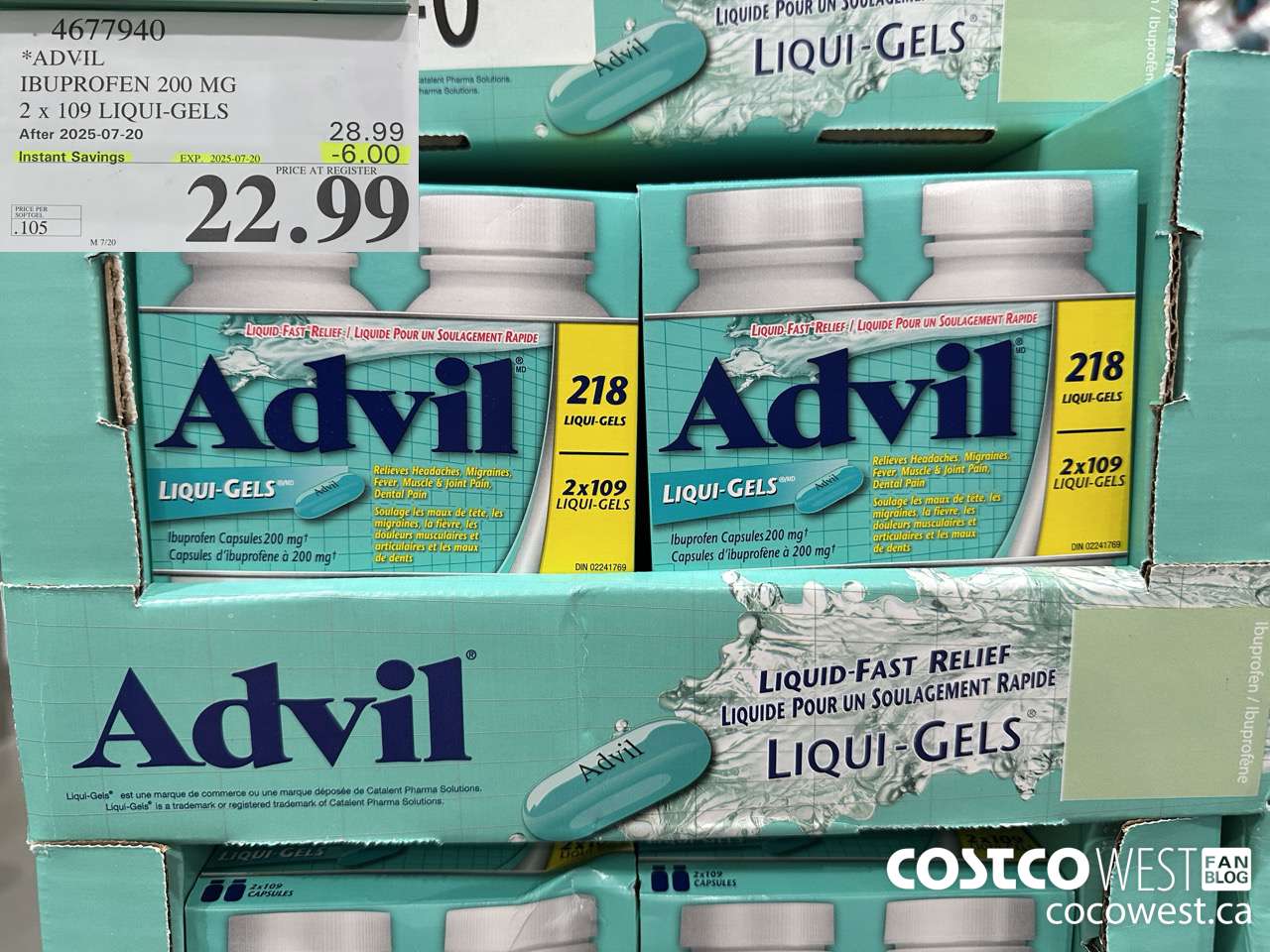 4677940 ADVIL IBUPROFEN 200MG 2 X 109 LIQUI-GELS ($6.00 INSTANT SAVINGS EXPIRES ON 2025-07-20) $22.99