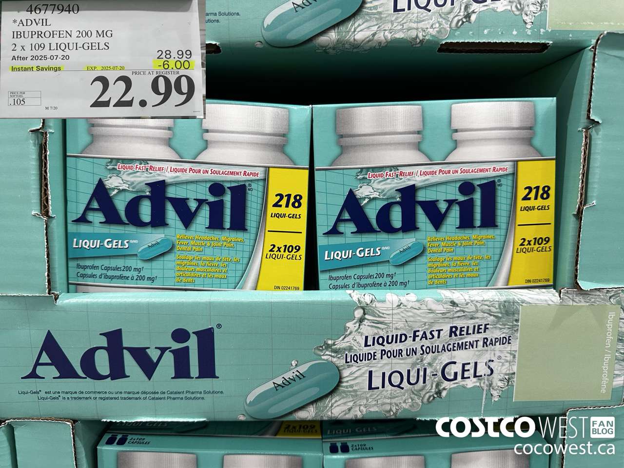 4677940 ADVIL IBUPROFEN 200MG 2 X 109 LIQUI-GELS ($6.00 INSTANT SAVINGS EXPIRES ON 2025-07-20) $22.99