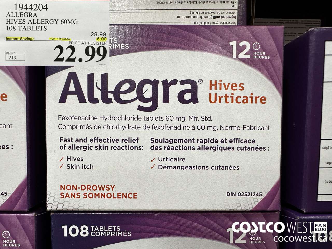 1944204 ALLEGRA HIVES ALLERGY 60MG 108 TABLETS ($6.00 INSTANT SAVINGS EXPIRES ON 2025-07-20) $22.99