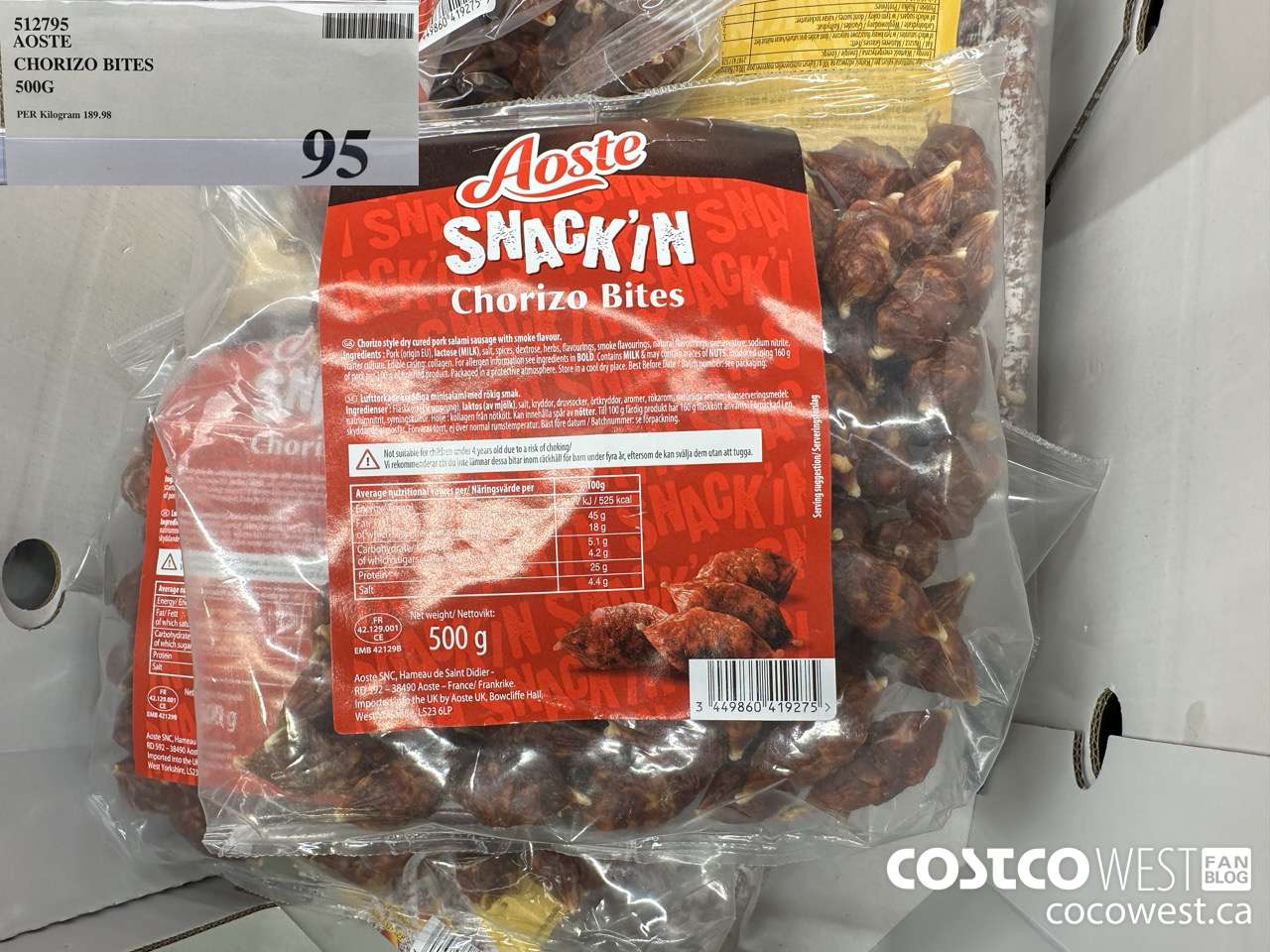 512795 AOSTE CHORIZO BITES 500G $95.00