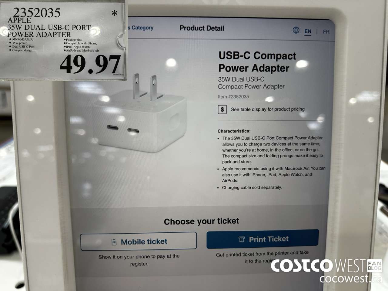 2352035 APPLE 35W DUAL USB-C PORT POWER ADAPTER $49.97