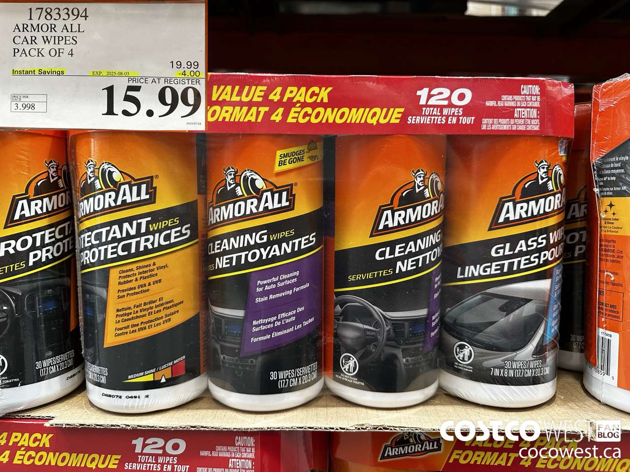 1783394 ARMOR ALL VALUE PACK WIPES 4 PACKS OF 30 ($4.00 INSTANT SAVINGS EXPIRES ON 2025-08-03) $15.99