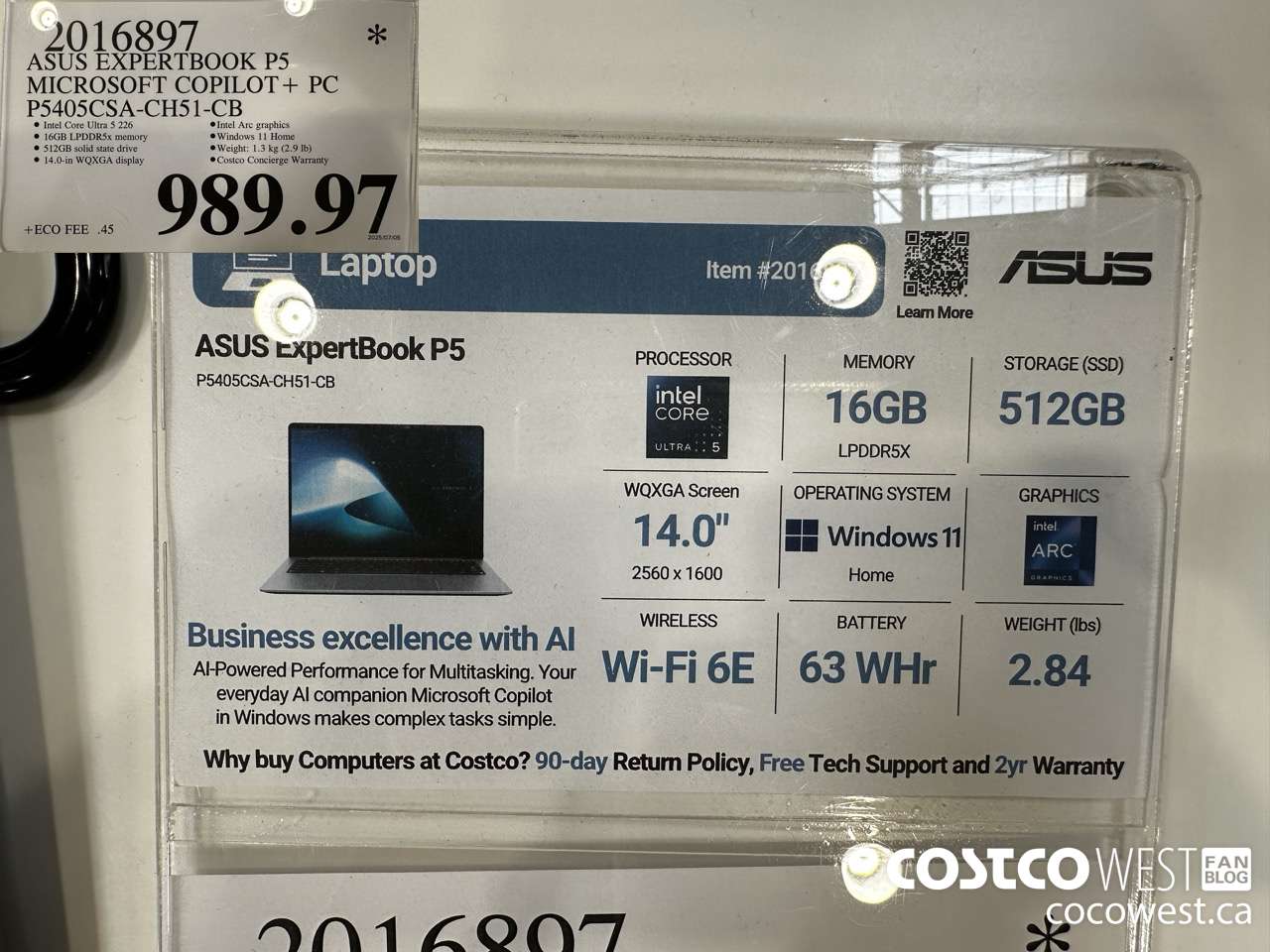 2016897 ASUS EXPERTBOOK P5 MICROSOFT COPILOT + PC P5405CSA-CH51-CB $989.97