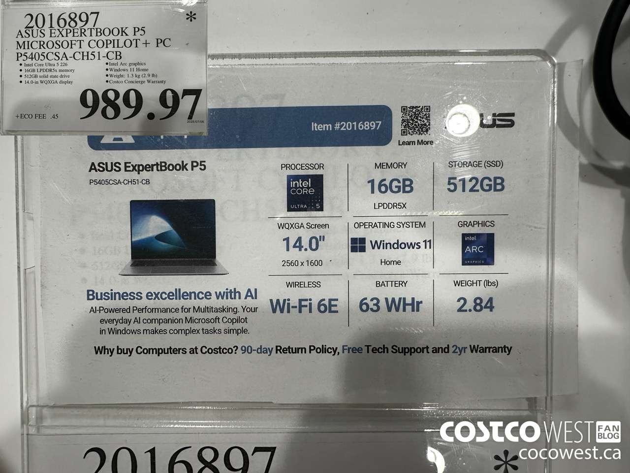 2016897 ASUS EXPERTBOOK P5 MICROSOFT COPILOT + PC P5405CSA-CH51-CB $989.97