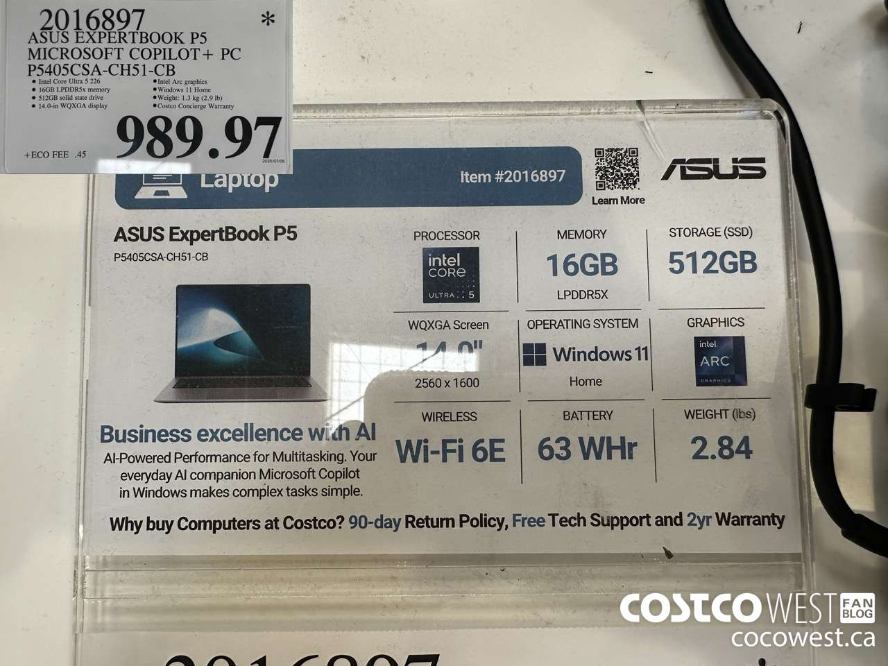 2016897 ASUS EXPERTBOOK P5 MICROSOFT COPILOT + PC P5405CSA-CH51-CB $989.97