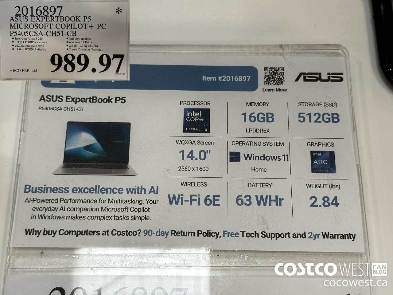 2016897 ASUS EXPERTBOOK P5 MICROSOFT COPILOT + PC P5405CSA-CH51-CB $989.97