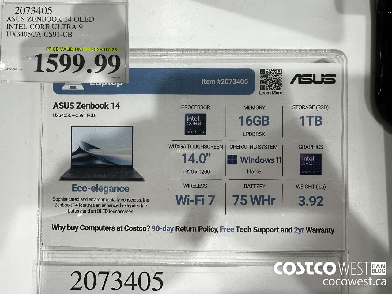 2073405 ASUS ZENBOOK 14 OLED INTEL CORE ULTRA 9 UX3405CA-CS91-CB (EXPIRES ON 2025-07-25) $1599.99