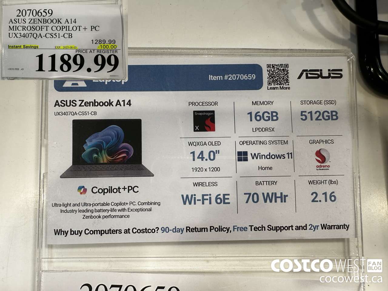 2070659 ASUS ZENBOOK A14 MICROSOFT COPILOT+ PC UX3407QA-CS51-CB ($100.00 INSTANT SAVINGS EXPIRES ON 2025-08-03) $1189.99