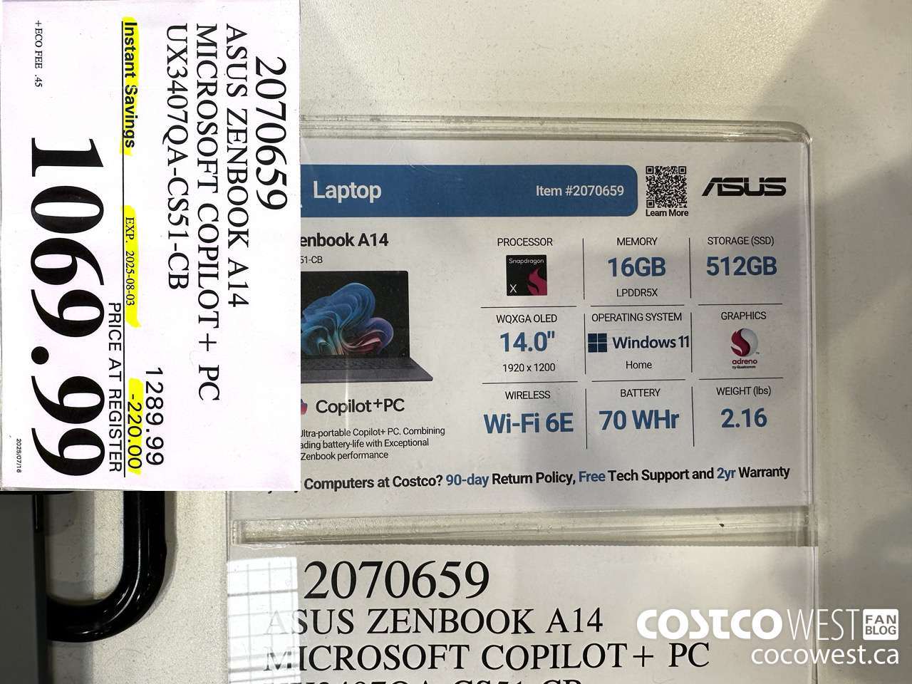2070659 ASUS ZENBOOK A14 MICROSOFT COPILOT+ PC UX3407QA-CS51-CB ($220.00 INSTANT SAVINGS EXPIRES ON 2025-08-03) $1069.99
