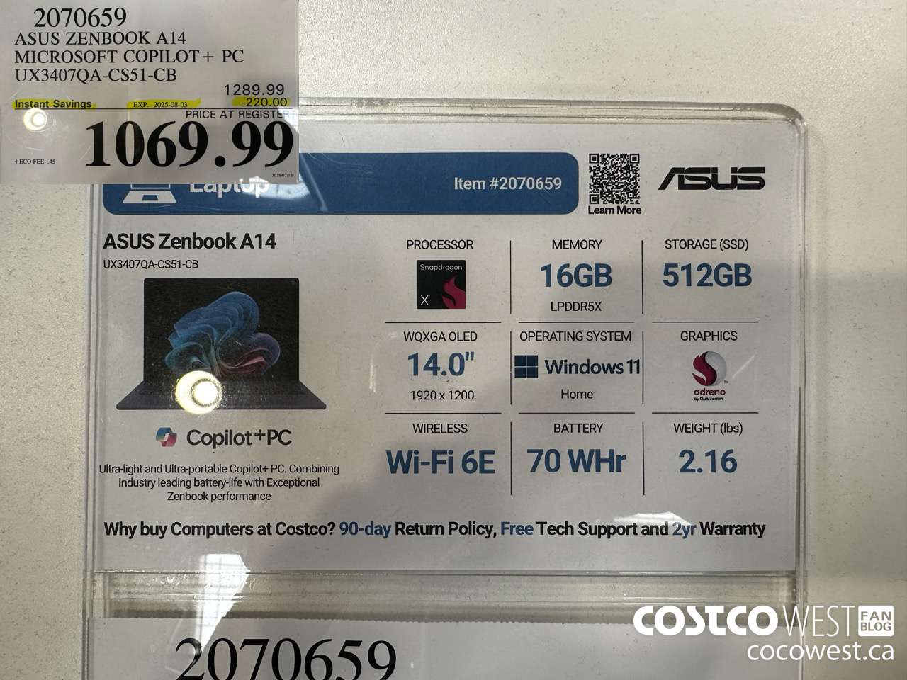 2070659 ASUS ZENBOOK A14 MICROSOFT COPILOT+ PC UX3407QA-CS51-CB ($220.00 INSTANT SAVINGS EXPIRES ON 2025-08-03) $1069.99